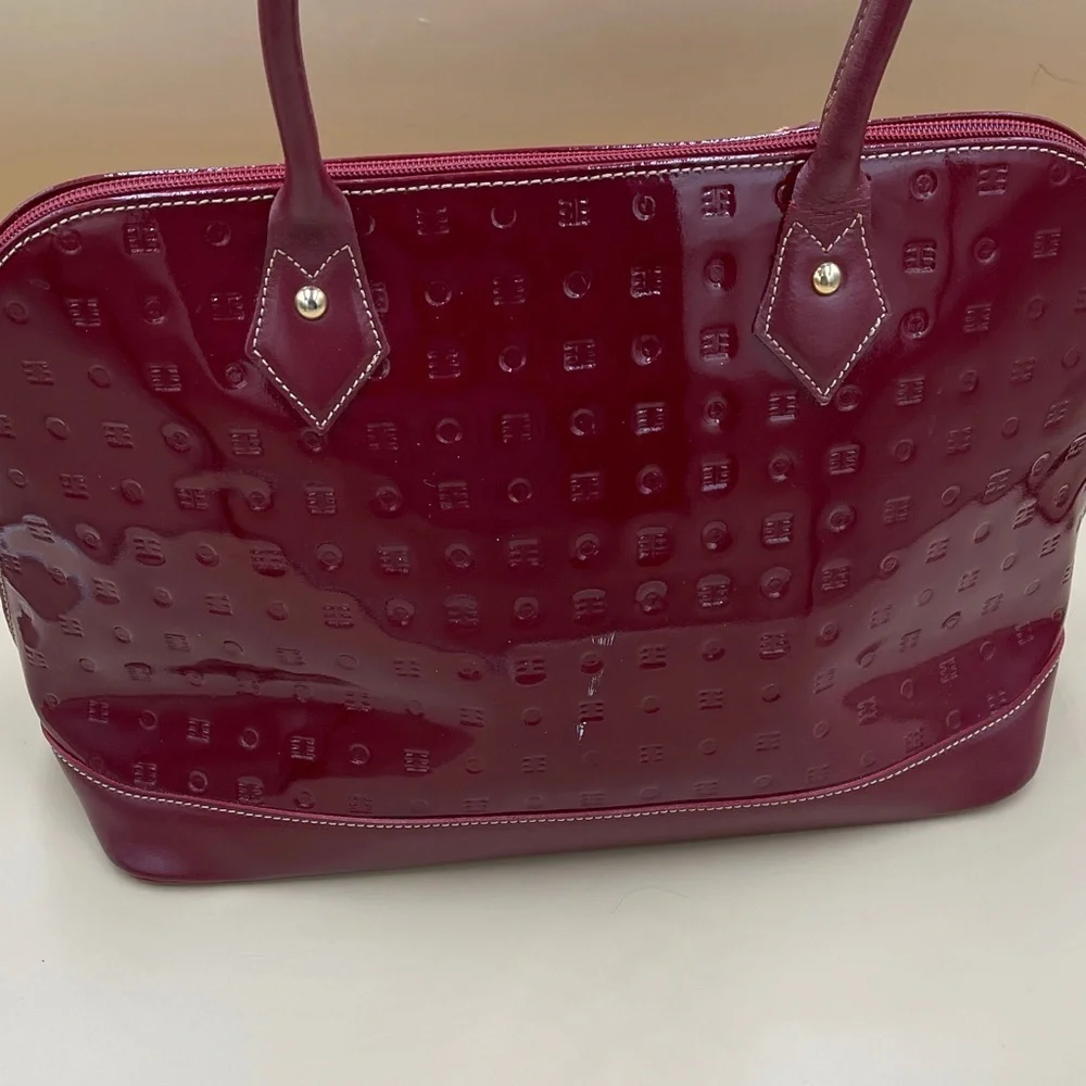 Arcadia Patent Leather Glossy Burgundy Dome Satchel Handbag Italian Luxury